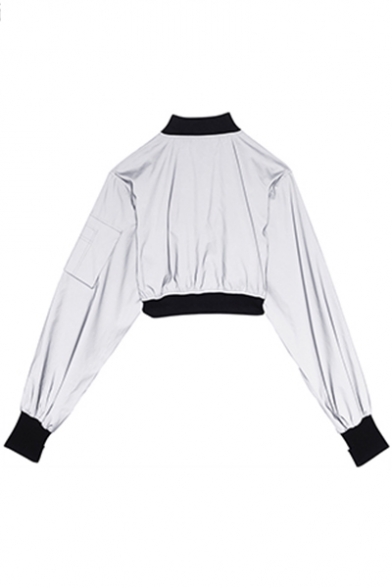 Street Style Hot Stand Collar Long Sleeve Reflective Asymmetrical Cropped Silver Coat