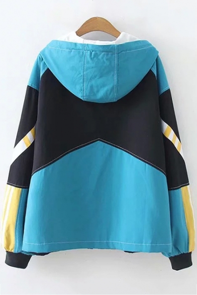 Stylish Long Sleeve Colorblock Zip Front Hooded Coat