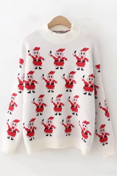 Sweet Cute All Over Cartoon Snowman Printed Long Sleeve Mock Neck Loose Knit Sweater