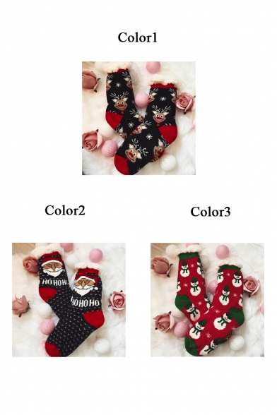 Trendy Christmas Deer Santa Claus Pattern Shearling Trimmed Knitted Socks