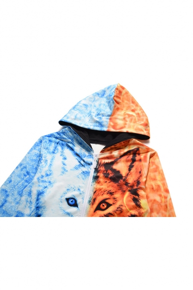 Unique Blue and Orange Two-Tone 3D Wolf Printed Long Sleeve Zip Front Hooded Jumpsuits