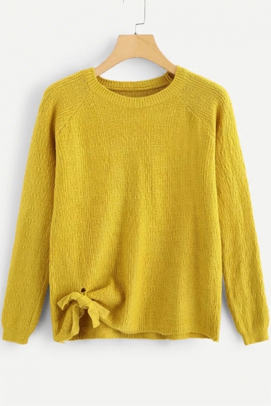 Unique Knotted Side Round Neck Long Sleeve Solid Loose Leisure Yellow Sweater