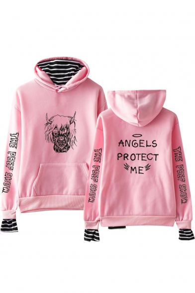 Unique Plush Long Sleeve Striped Letter Printed Fake Two Piece Hoodie