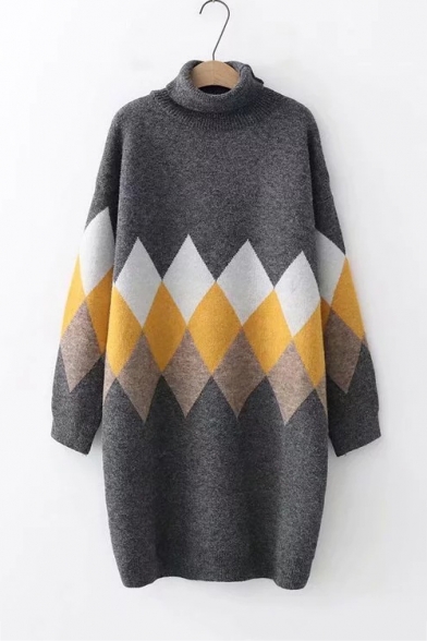 Warm Long Sleeve High Neck Diamond Geometric Pattern Tunics Sweater