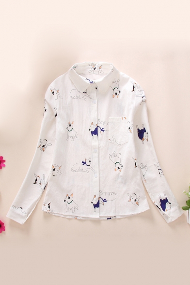 White All Over Cartoon Cactus Pattern Long Sleeve Lapel Collar Button Down Shirt