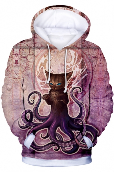 Winter's Long Sleeve 3D Animal Cat Octopus Printed Leisure Purple Hoodie