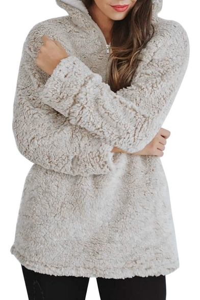 Winter's Long Sleeve Lapel Collar Zip Front Warm Fleece Sweatshirt