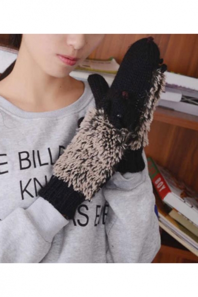 Winter's New Fashion Colorblock Cute Animal Hedgehog Printed Knit Gloves