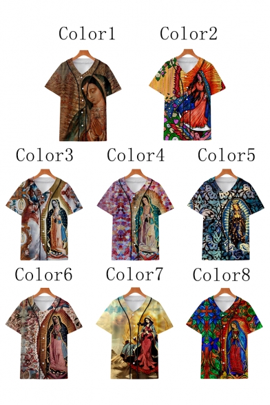 3D Character Our Lady of Guadalupe Printed Short Sleeve V Neck Leisure Top