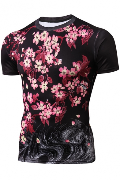 3D Floral Printed Short Sleeve Round Neck Red Leisure Tee