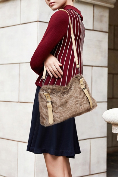 Brown Faux Fur Beaded Strap Zippered Ladies' Single Shoulder Bag