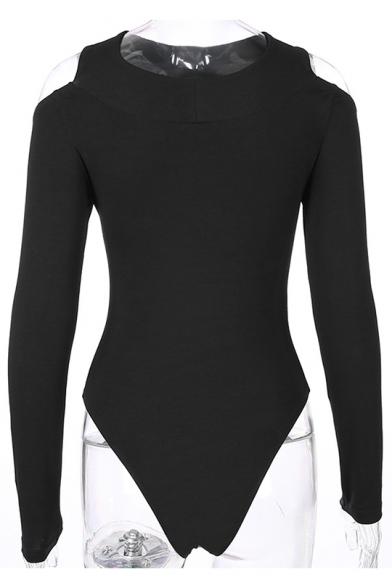 Chic Long Sleeve Off The Shoulder Plain Black Cotton Bodysuit