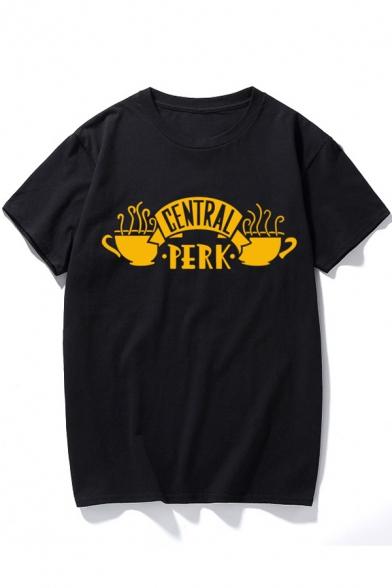 Classic Short Sleeve Round Neck LETTER CENTRAL PERK Coffee Cup Printed Unisex Tee