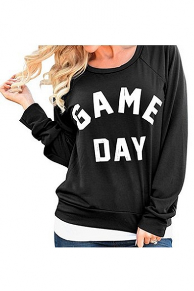 

Cozy Long Sleeve Crewneck Letter GAME DAY Printed Cotton Sweatshirt, Black;gray, LC494233