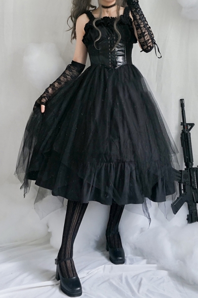 Cute Lolita Style Ruffle Trimmed Strap Layered Mesh Panneled Midi A-Line Slip Babydoll Dress