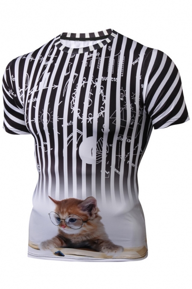Digital Stripe Cat Pattern Crwneck Short Sleeve Casual Tee