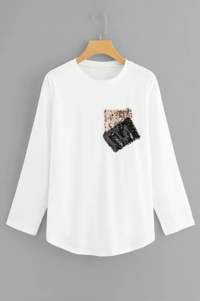 Fashion Sequined Patched Chest Round Neck Long Sleeve White T-Shirt