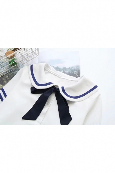 Girls' Lovely Bow-Tied Navy Collar Striped Pattern Long Sleeve Button Shirt