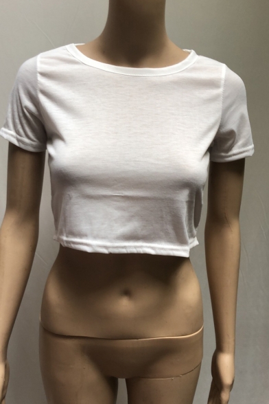 Hot Fashion Round Neck Short Sleeve Basic Solid Cropped Slim T-Shirt
