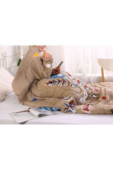Khaki Colorful Feather Printed Warm Quilt with Sleeves Sofa Blanket 150×200CM