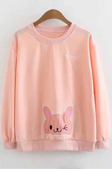Letter HAPPY Cartoon Cat Bunny Embroidered Long Sleeve Round Neck Sweatshirt