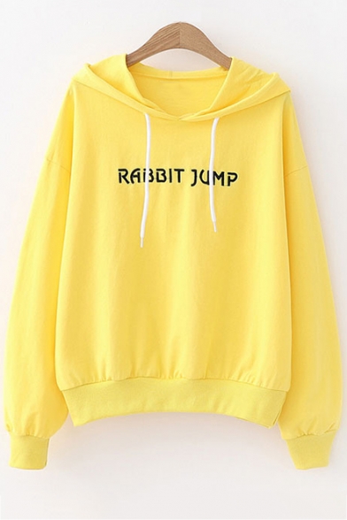 Letter RABBIT JUMP Embroidered Long Sleeve Drawstring Bunny Ear Design Hoodie