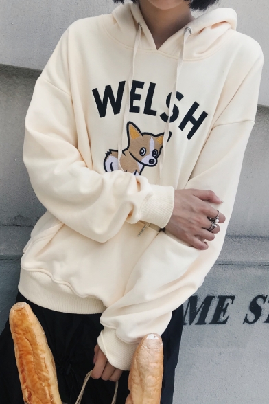 

Letter WELSH Cartoon Dog Pattern Long Sleeve Relaxed Winter's Hoodie, Blue;light yellow;dark yellow