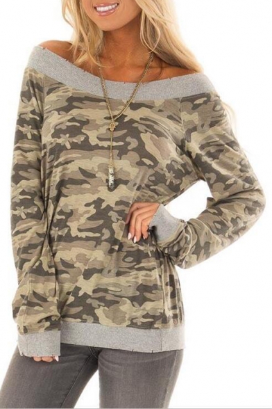 Long Sleeve Off The Shoulder Camouflage Printed Gray Casual Loose Tee