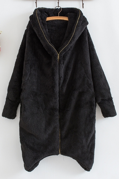 Long Sleeve Plain Leisure Double-Faced Fleece Zip Placket Hooded Coat