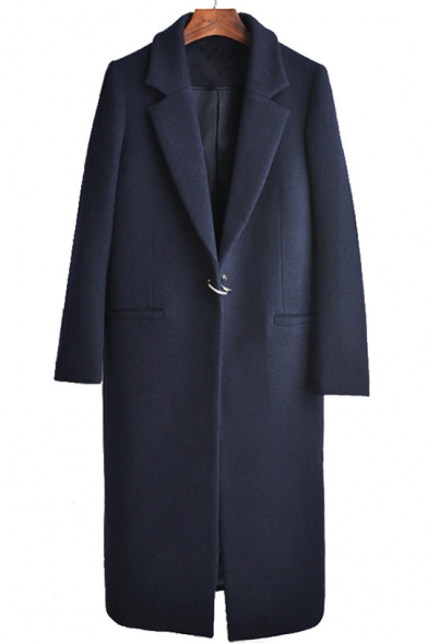 Longline Long Sleeve Notched Lapel Collar Plain Single Button Navy Woolen Coat