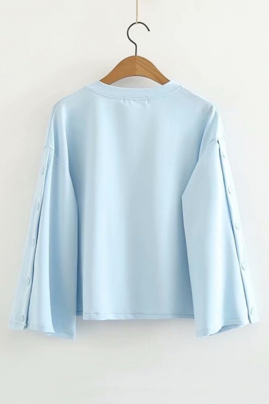 Lovely Bow-Tied Round Neck Long Sleeve Floral Pattern Loose Fitted Blue Sweatshirt