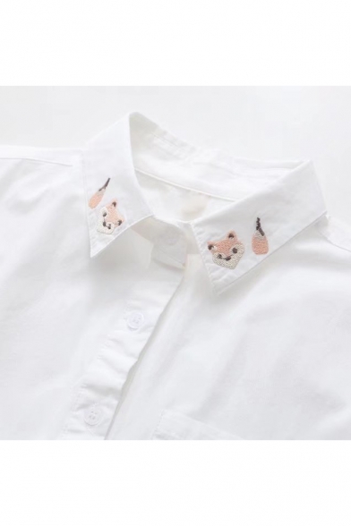Lovely Cartoon Embroidered Pocket Patched Chest Lapel Collar Long Sleeve White Shirt
