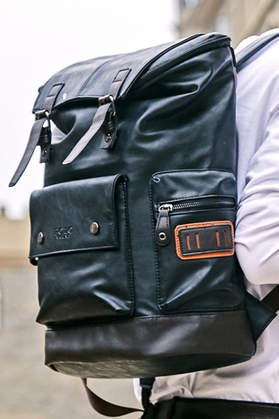 Men's Contrast Trim Buckle Design PU Leather Black Backpack of Large Capacity