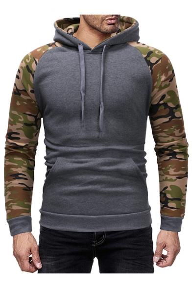 Men's Stylish Camo Colorblock Long Sleeve Gray Slim Fitted Hoodie