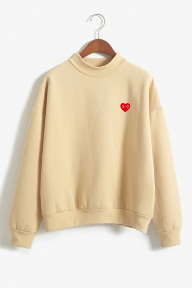 Mock Neck Heart Printed Long Sleeve Loose Sweatshirt