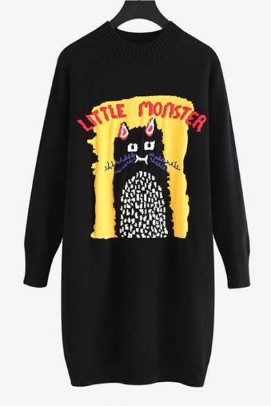 

Mock Neck Long Sleeve Cartoon Cat Letter Printed Knit Mini Sweater Black Dress