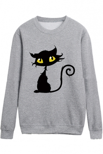 New Fashion Long Sleeve Round Neck Cartoon Cat Printed Loose Sweatshirt