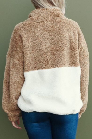 New Trendy Colorblock Cowl Neck Long Sleeve Loose Coffee Fleece Hoodie