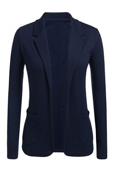 New Trendy Solid Notched Lapel Collar Long Sleeve Open Front Tailored Blazer Coat
