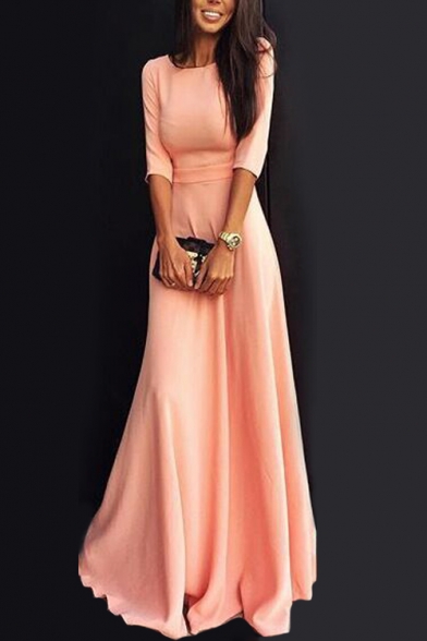 Pink Boat Neck Half Sleeve Women's A-line Elegant Plain Dress