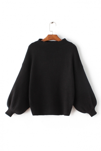 Plain Long Lantern Sleeve Mock Neck Oversize Casual Sweater