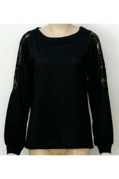 Plain Round Neck Long Sleeve Hollow Out Loose Tee
