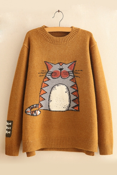 Round Neck Long Sleeve Cartoon Totora Pattern Loose Fitted Sweater