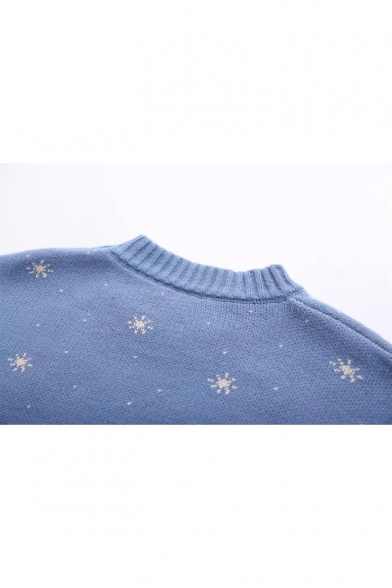 Stylish Long Sleeve Mock Neck Cartoon Snowflake Mermaid Jacquard Relaxed Sweater