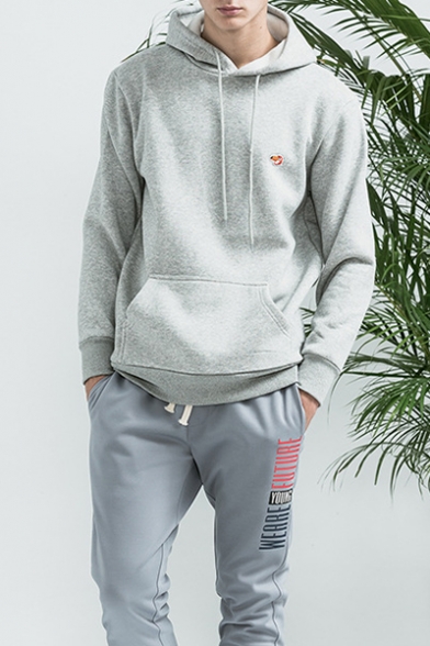 Trendy Gray Bird Patch Long Sleeves Pullover Hoodie with Pocket for Men