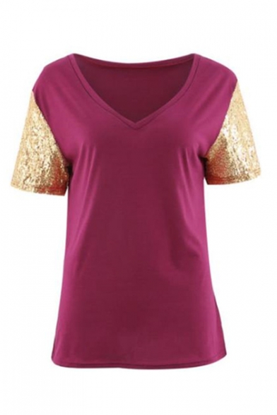 Trendy Sequined Short Sleeve V-Neck Casual Leisure T-Shirt