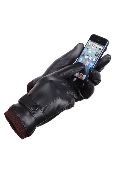 Winter Warm Knit Cuff PU Faux Leather Touchscreen Black Driving Gloves