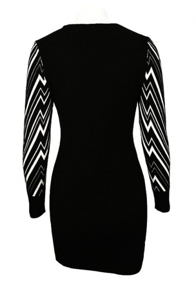 Women's Fashion Striped Colorblock Print Mock Neck Long Sleeve Black Mini Bodycon Dress