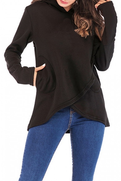 Women's Hot Fashion Long Sleeve Basic Solid Irregular Loose Fitted Hoodie
