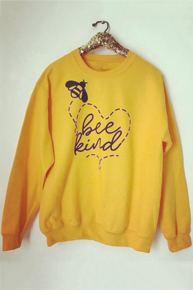 Yellow Long Sleeve Round Neck Cartoon Bee Letter Printed Sweatshirt